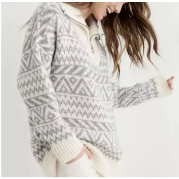 Aerie NWT Gray Cream Wool Blend 1/4 Zip Pullover Sweater Oversized XS - Picture 1 of 8